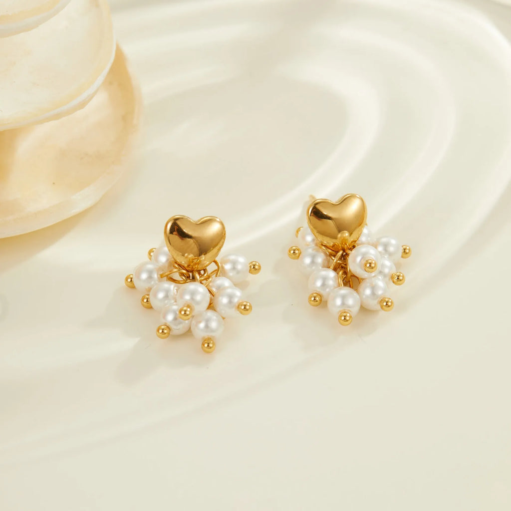 Ins Retro natural stone beaded earrings 18K gold electroplated stainless steel heart geometric shape women