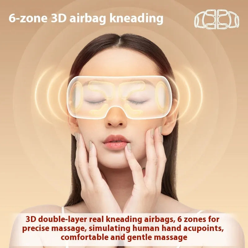 White rechargeable eye massager with hot compress function showing dimensions and ABS plastic construction