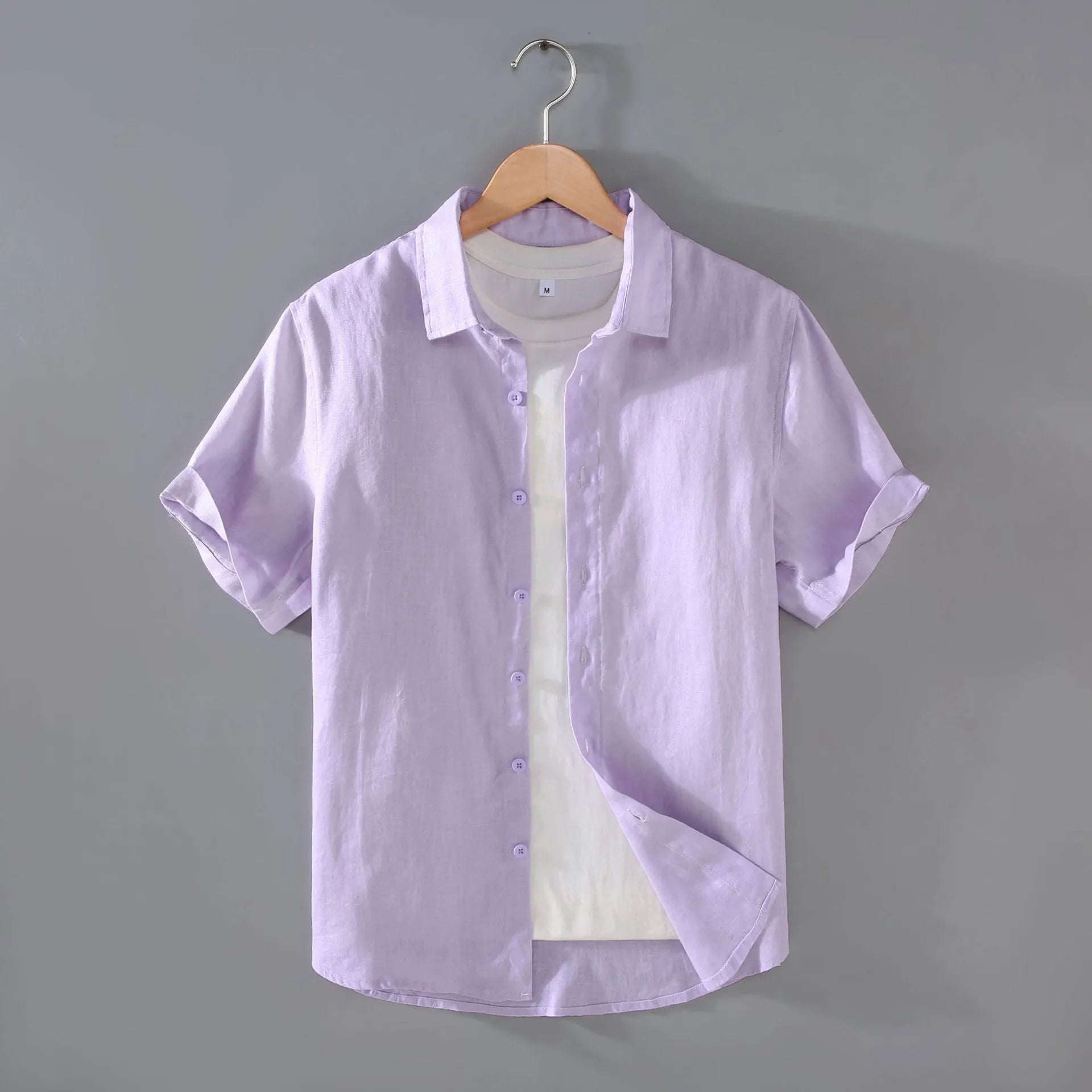 Men's youth casual short-sleeved linen shirt in a cardigan style, shown in one of seven available colours.