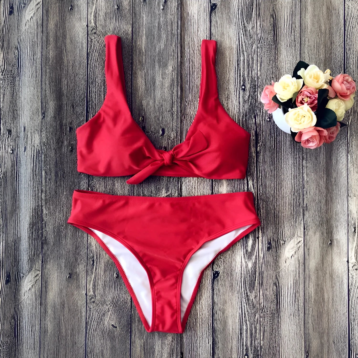 Polyester bikini set in solid colour with matching bra top and briefs swimwear