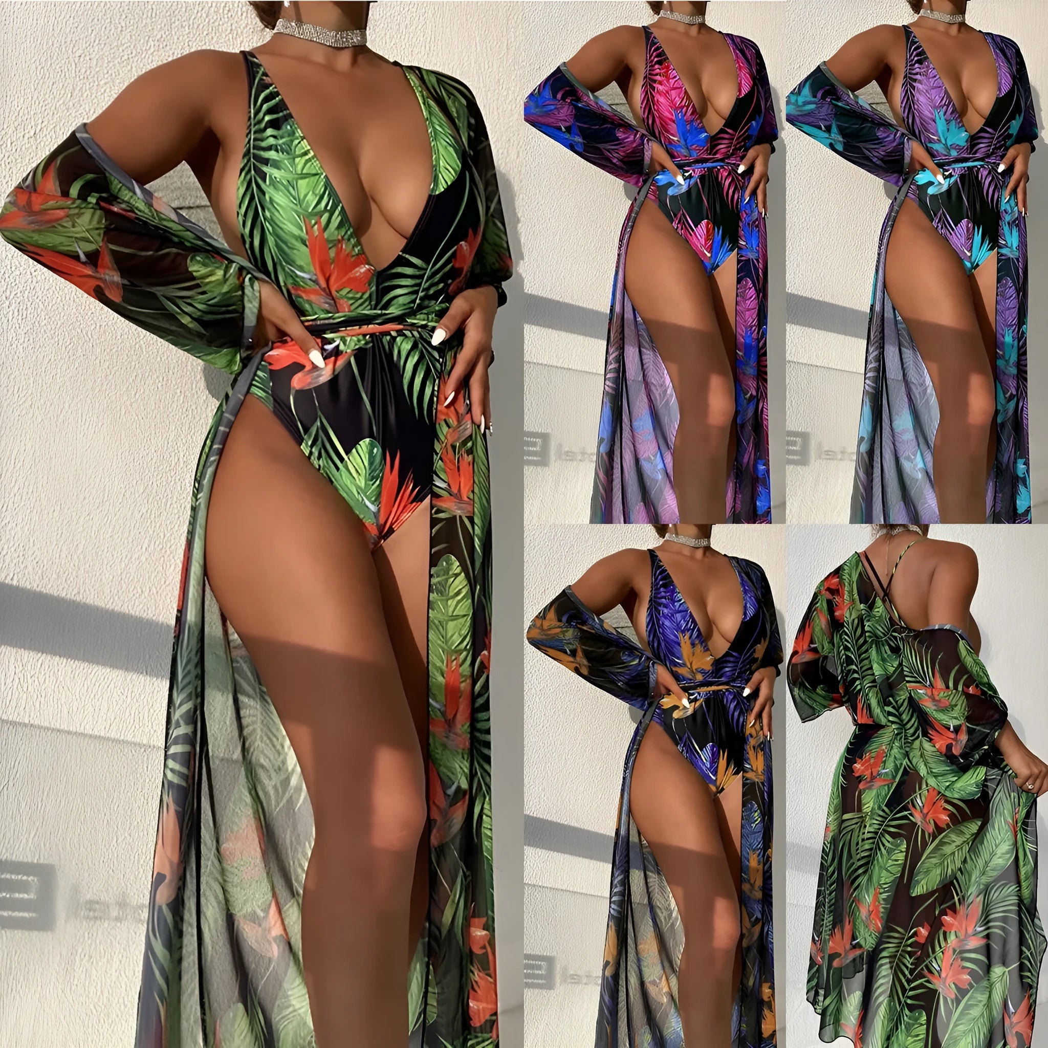Three-piece women's swimsuit bikini set with cover-up coat in pattern design