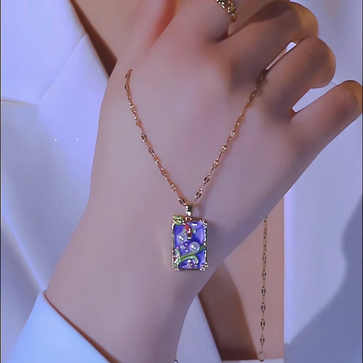 Pink vintage oil painting flower pendant necklace on titanium steel chain with copper pendant and electroplating finish