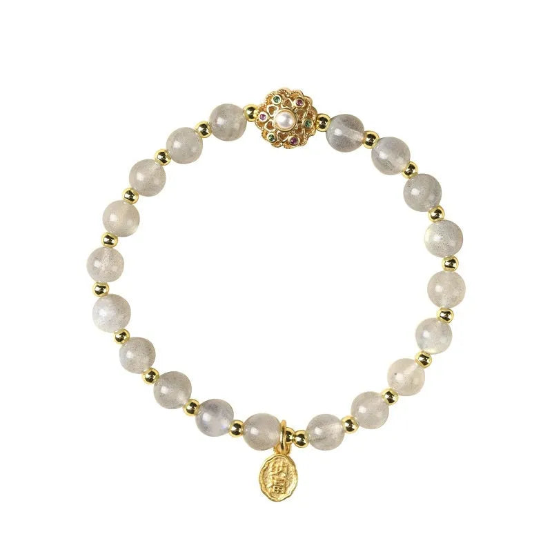 Hand-woven crystal bracelet with gray moonstone, sunstone, and strawberry quartz 6mm beads