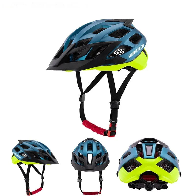 MQ-93 outdoor mountain bike helmet with PC shell, 21 ventilation holes, and removable brim, black and red colour