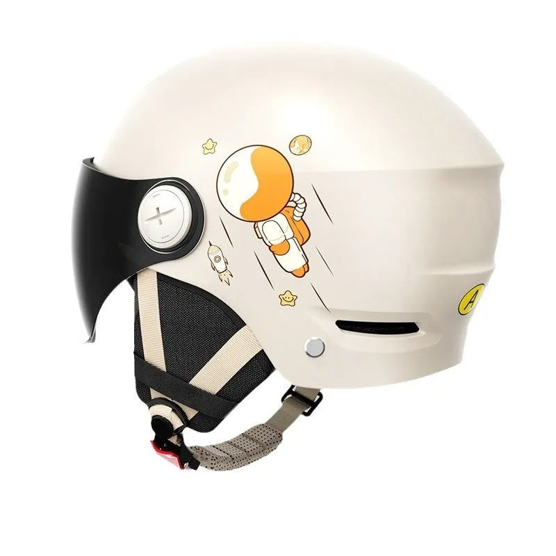 Electric motorcycle safety half helmet in khaki colour with mirrored lens showing free size adult fit