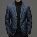 Men's black lapel-style down jacket with side pockets shown in cardigan design
