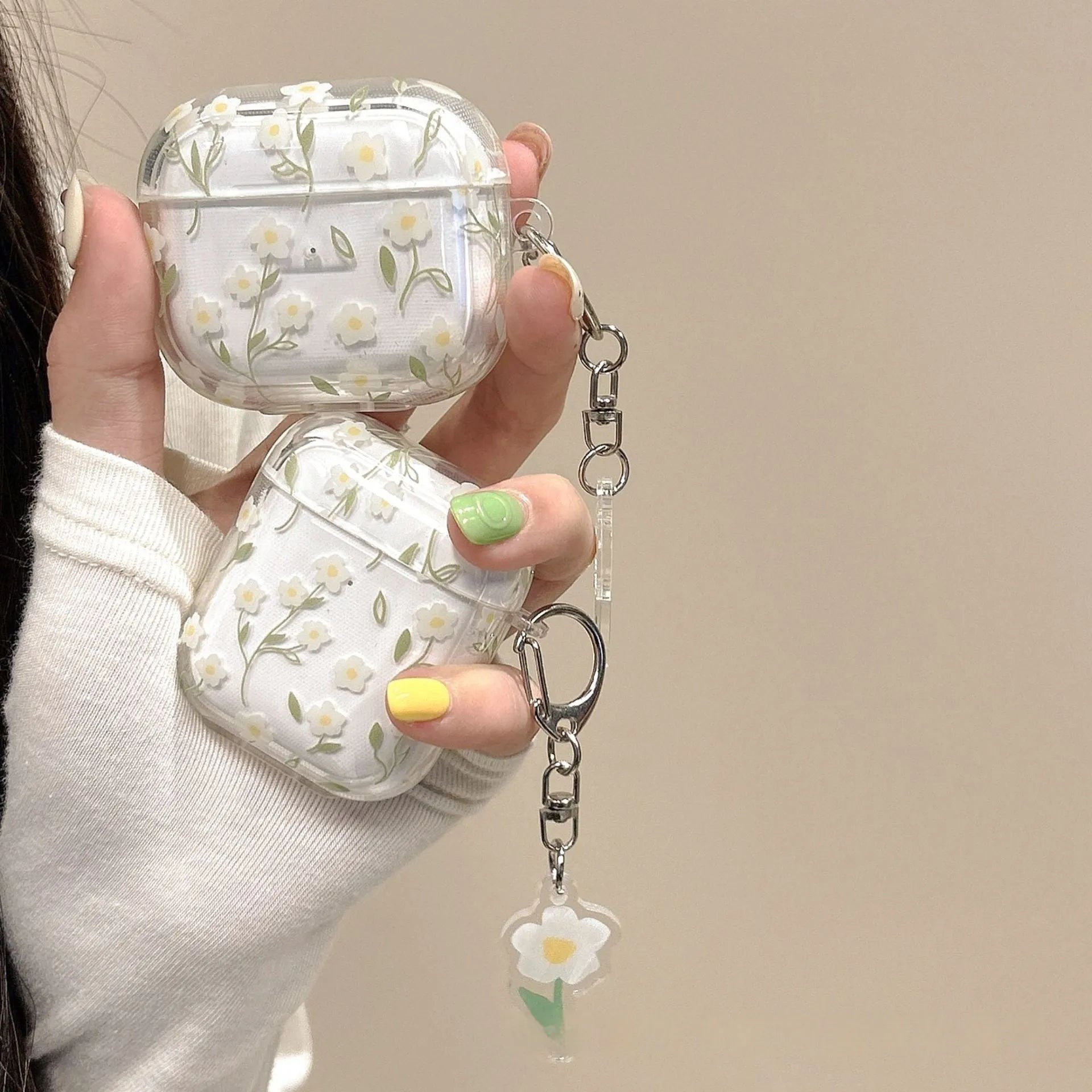Transparent TPU Bluetooth headset protective cover with white floral design for Apple AirPods