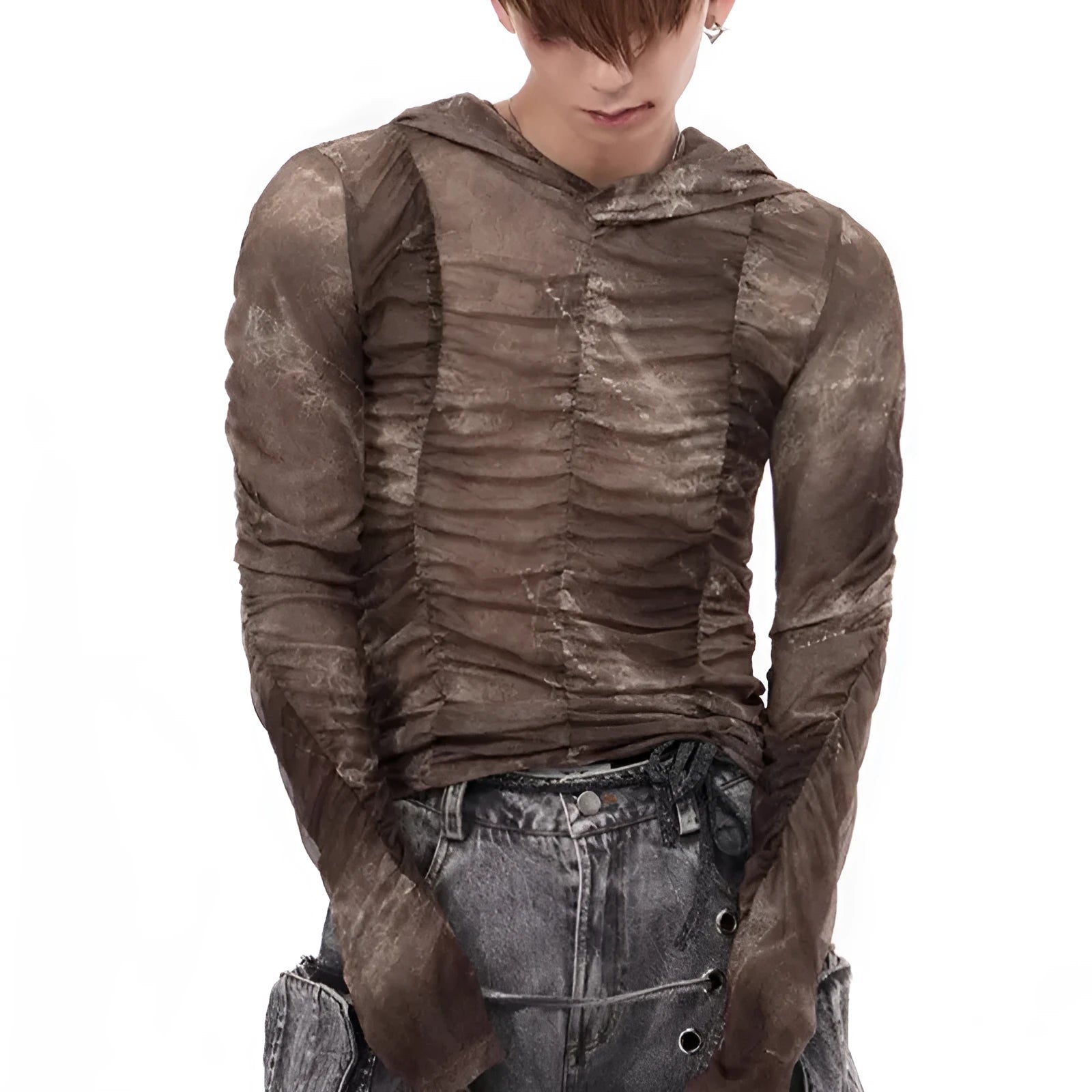 Boy's light blue pleated ice silk polyester bottoming shirt laid flat, showing youthful style and Asian sizing tags.