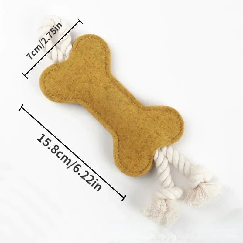 Blue bone-shaped dog chew toy made of felt fabric with visible rope knots.