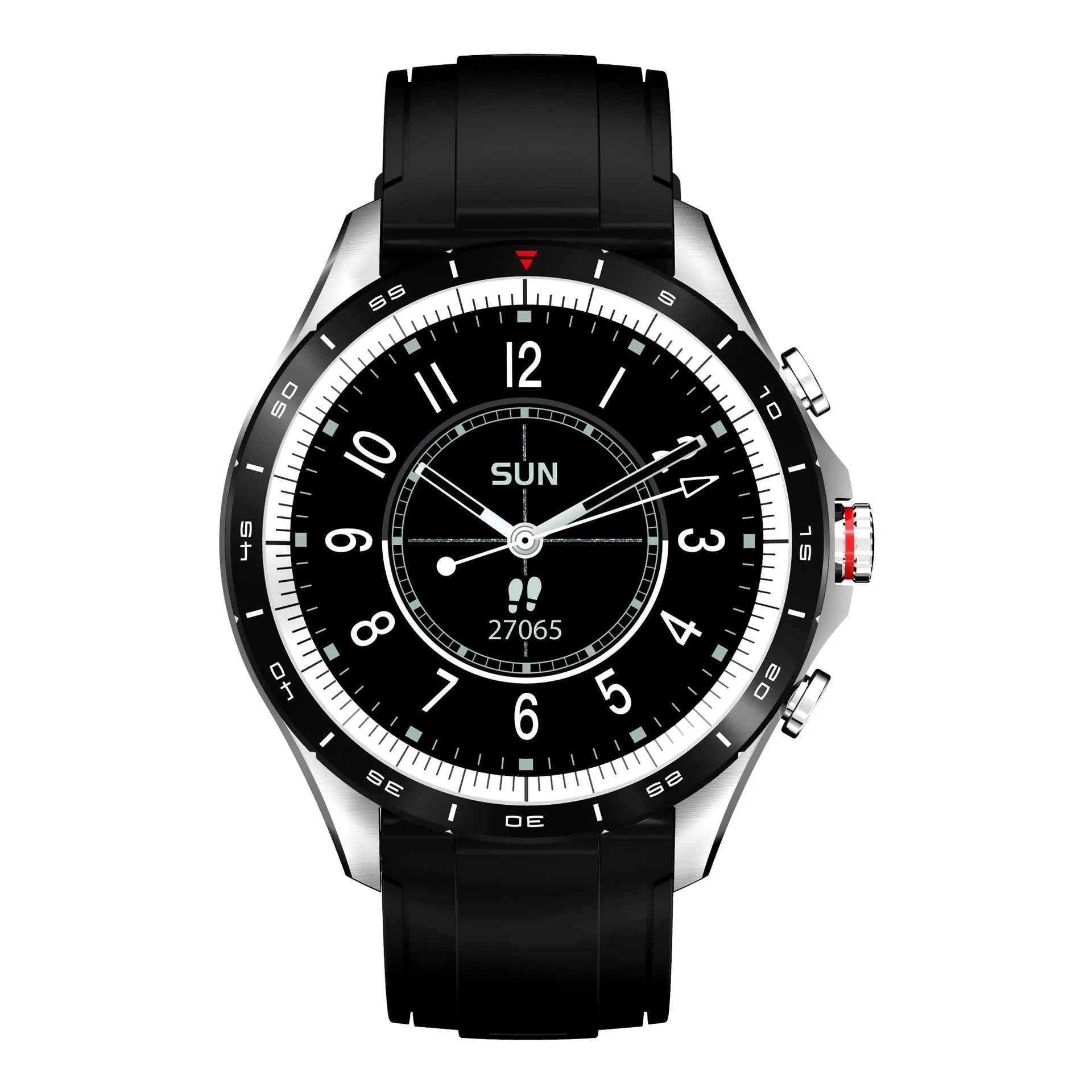 Men's black smart bracelet watch with zinc alloy screen and silicone wristband.