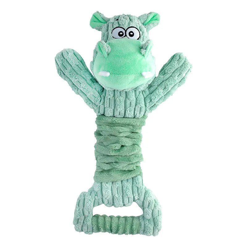 Large plush squeaky dog toy with telescopic body and crinkle paper handle for tug of war play