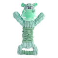 Large plush squeaky dog toy with telescopic body and crinkle paper handle for tug of war play