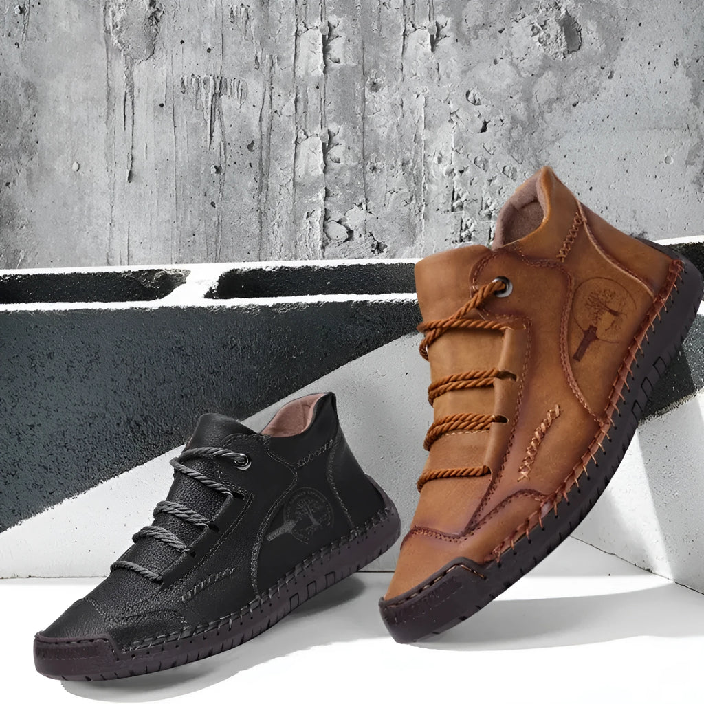 Men's brown cowhide leather high-top boots with rubber sole and front laces on a white background.
