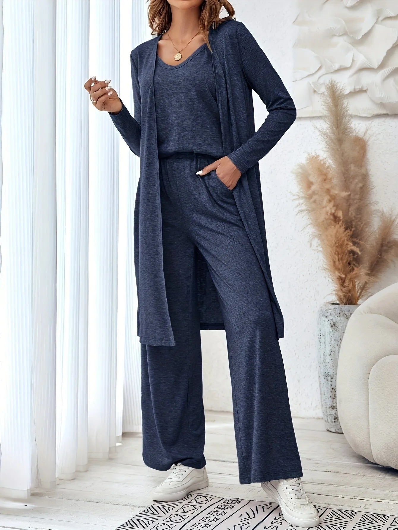 Blue women's three-piece casual suit with long cardigan, sling top and trousers in Japanese Korean style