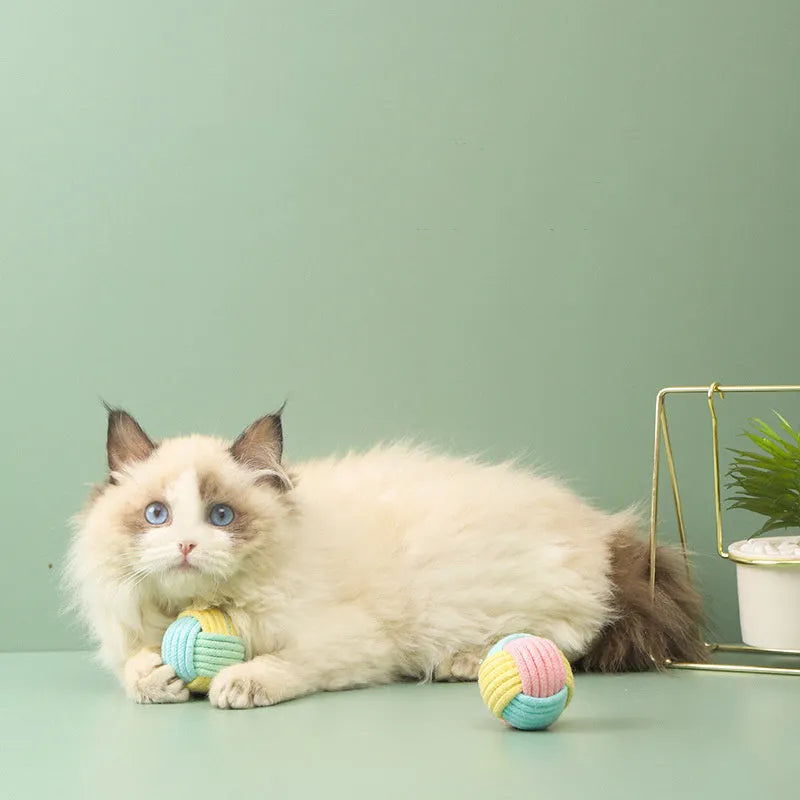 Handmade cat toy with hair ball and plush cotton ball measuring 5cm in blue powder colour