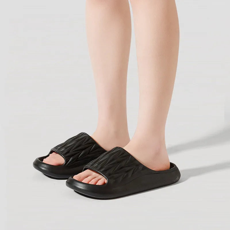 Leaf texture design EVA slippers for men and women in various colours, showing anti-slip sole.