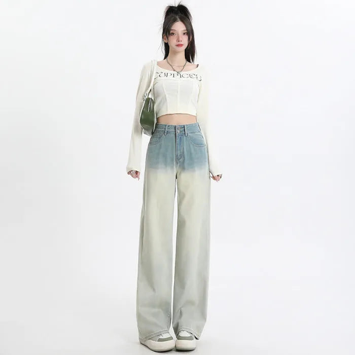 Women's gradient blue straight-leg denim trousers with wide leg fit on hanger