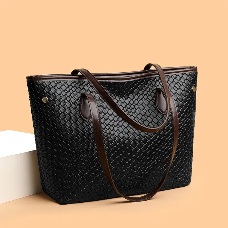 Retro-style large square women's handbag in black PU leather with an outer sandwich pocket.