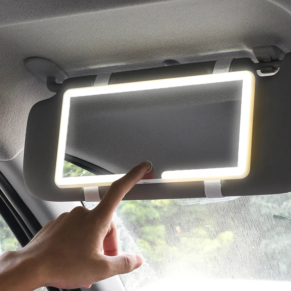 Automotive sun visor makeup mirror with LED light, dimensions 24cm by 11.5cm