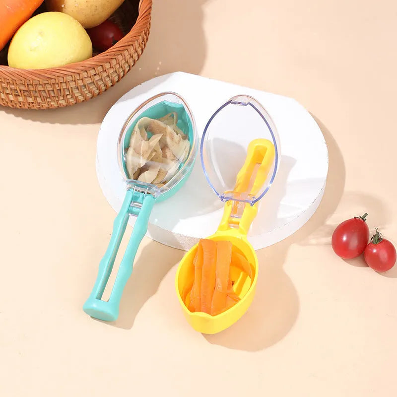 Yellow peeling knife with a storage lid next to a potato, showing its stainless steel blade and modern handle.
