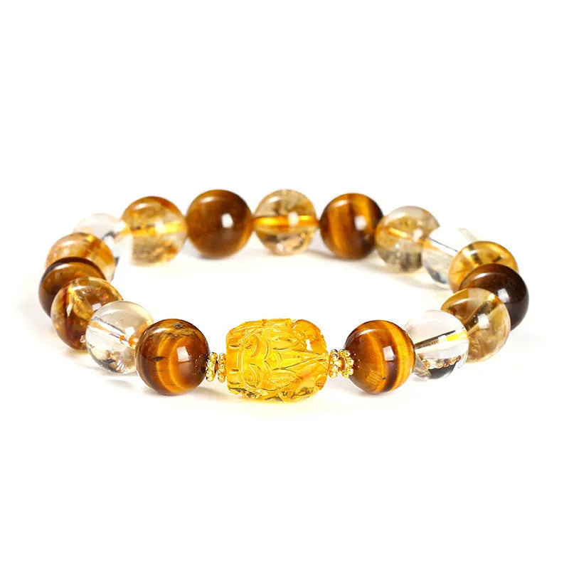 Yellow tiger's eye and citrine gemstone bracelet with 10mm round beads and a silver steel Pi Xiu charm.