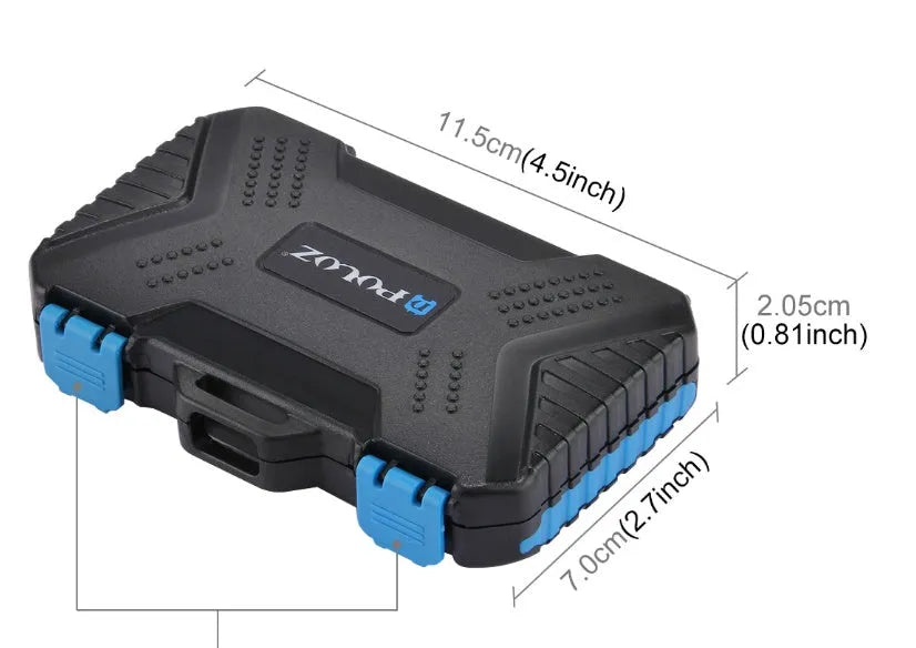 Black waterproof memory card case open showing compartments for CF SD TF SIM cards