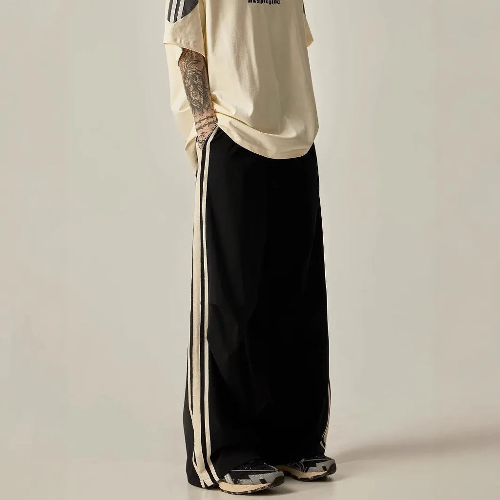 Black wide leg climbing trousers for men with high waist and straight leg cut