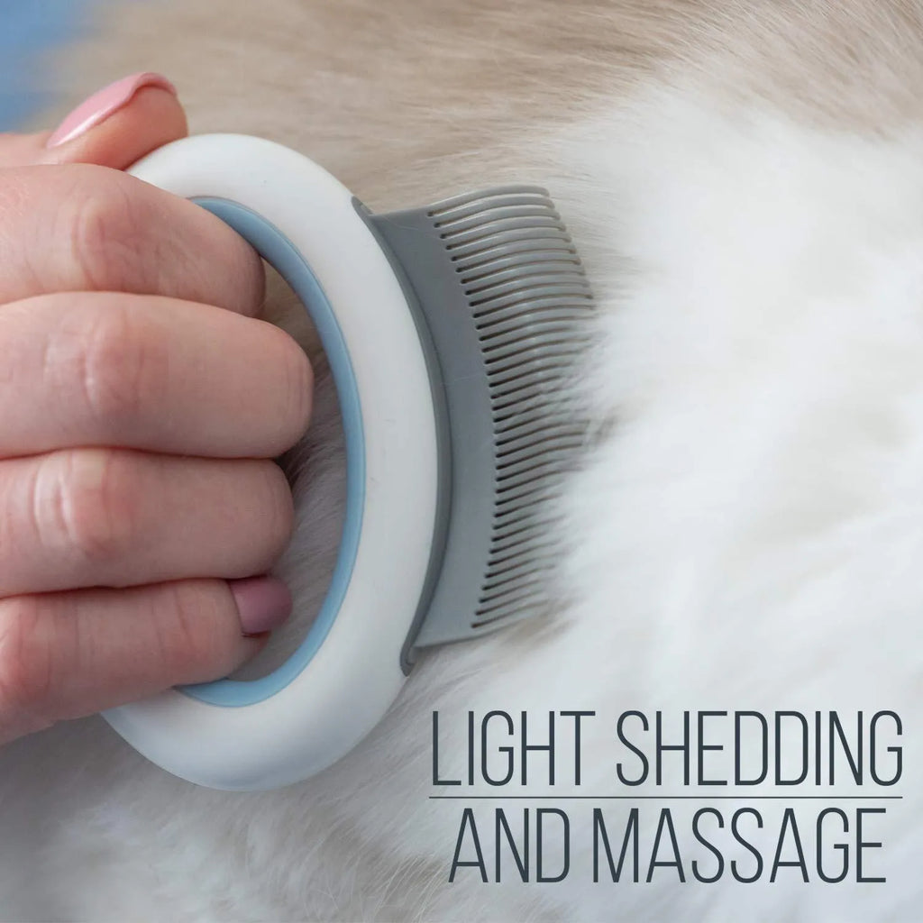 Blue pet grooming comb with soft teeth and an ergonomic plastic handle on a white background.