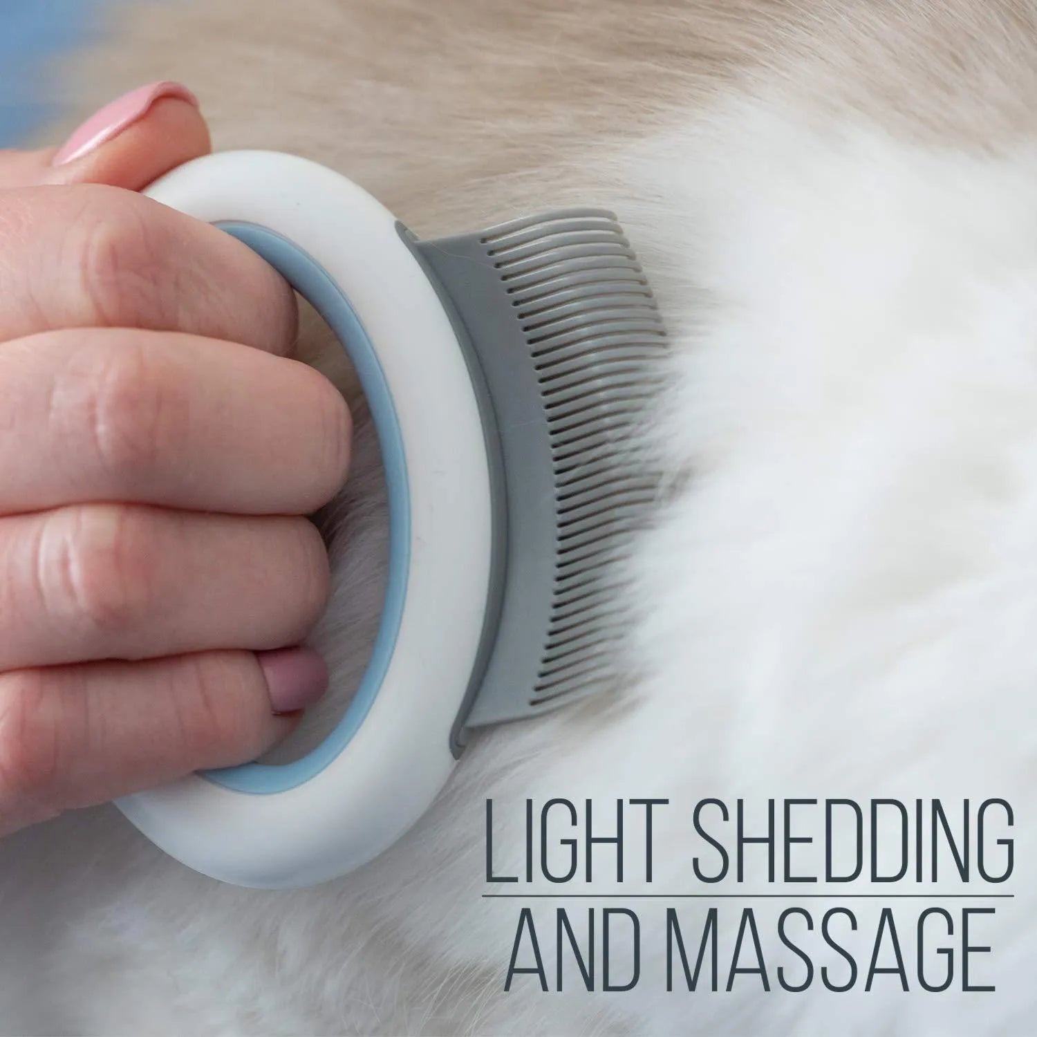Blue pet grooming comb with soft teeth and an ergonomic plastic handle on a white background.