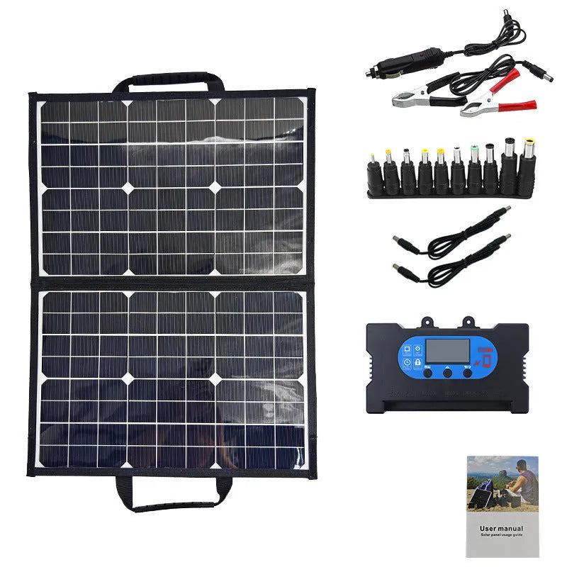 Black 40W solar folding bag charger showing folded dimensions and single crystal panel technology