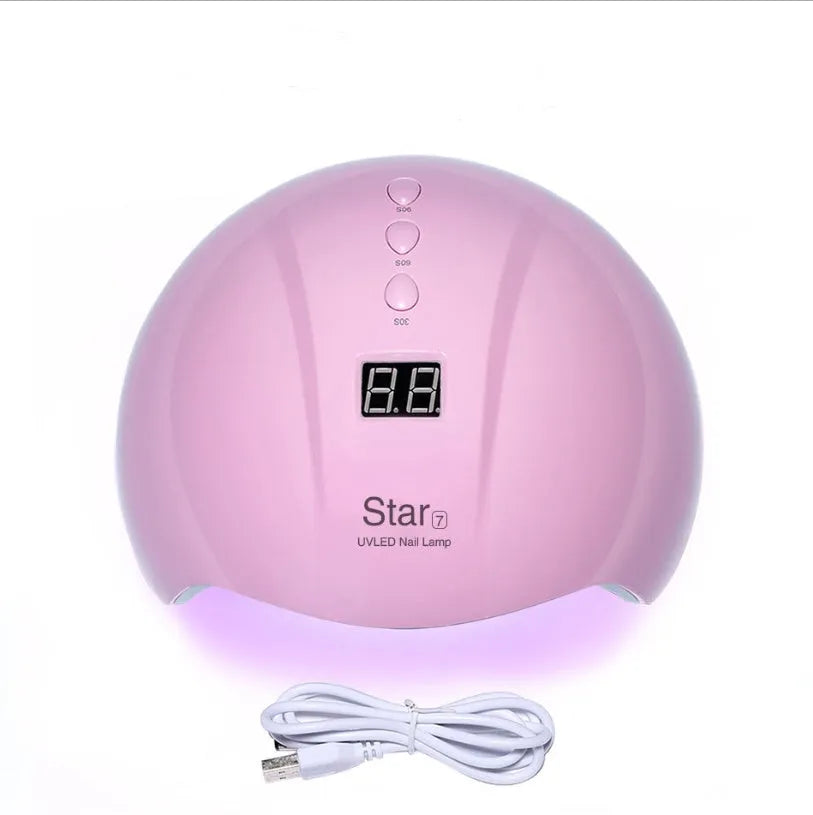 Set of 48 metallic Christmas baubles showing star patterns in gold, pink, red, and white colours.
