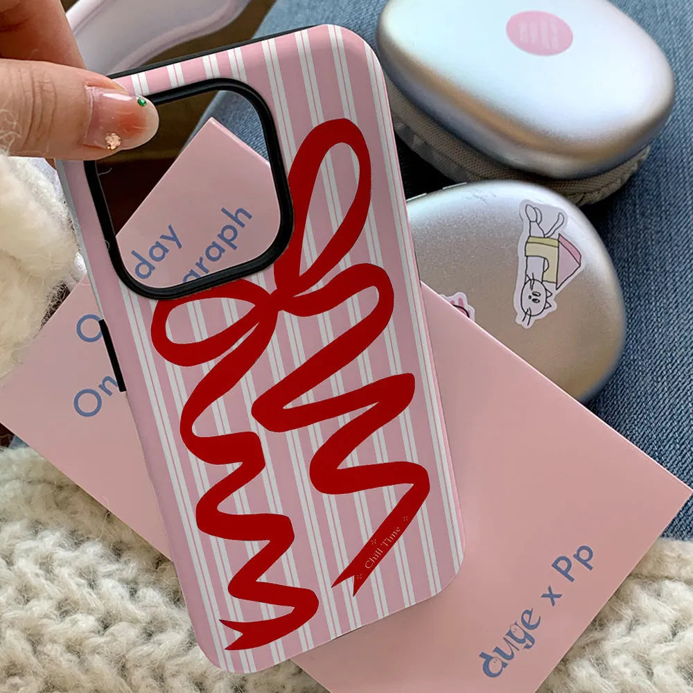 Soft silicone phone case with large hole frosted bow in pink, designed for iPhone 11 to 16 series