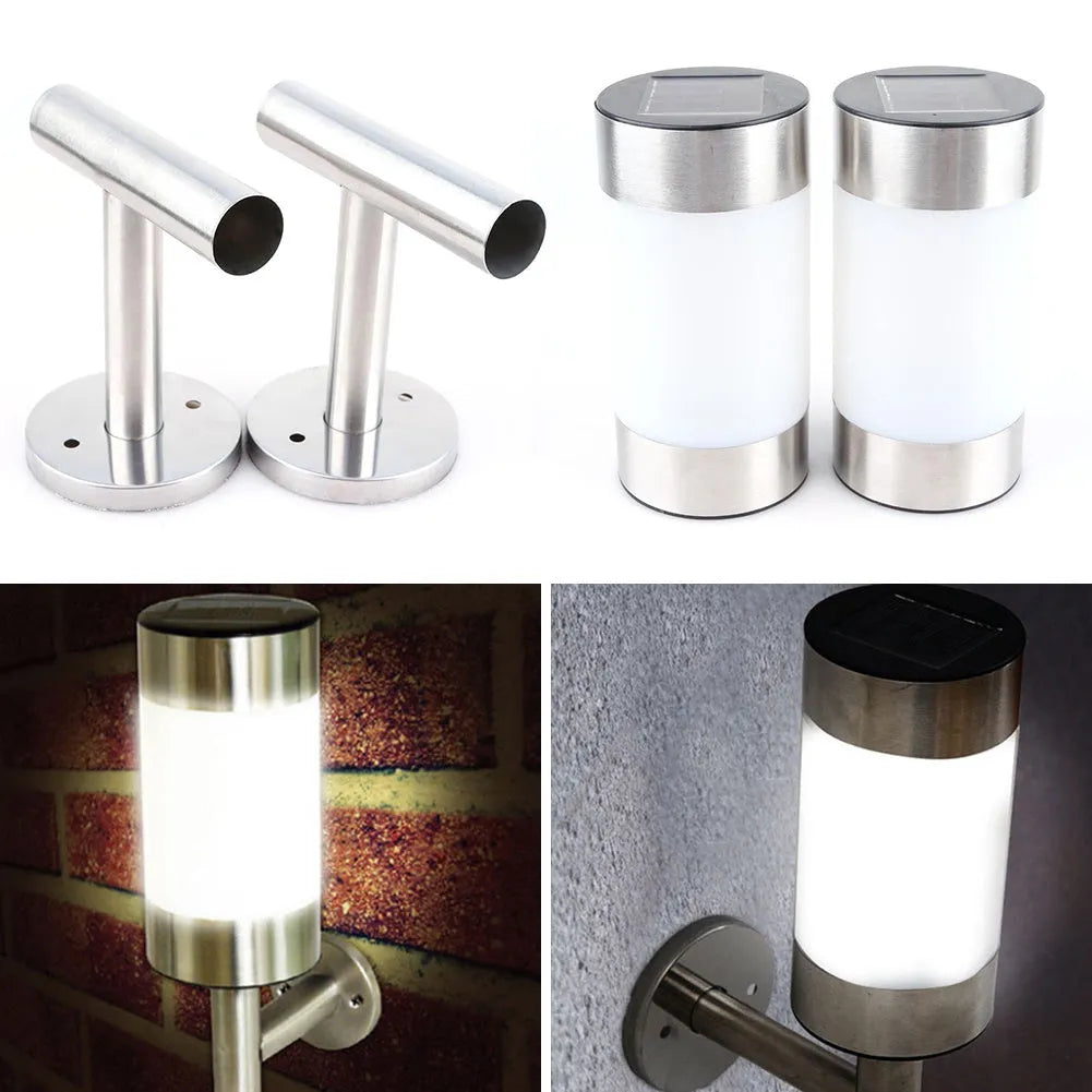 White solar-powered outdoor wall light with solar panel on top, showing plastic and stainless steel construction.