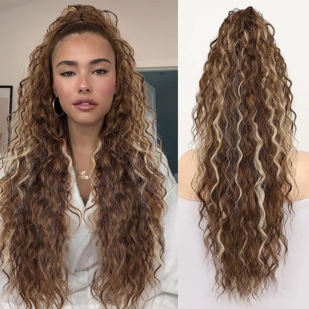 Synthetic curly ponytail wig with grip attachment in 30-inch length on display stand
