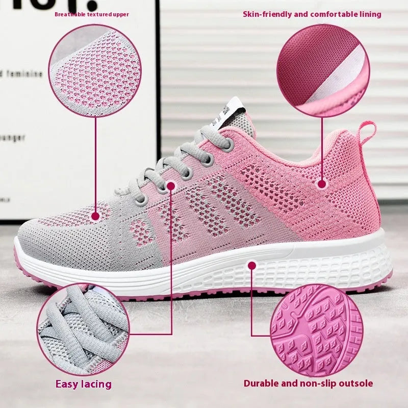 Women's flyknit running shoes with soft sole and flat heel in black, rose red, or grey pink colours