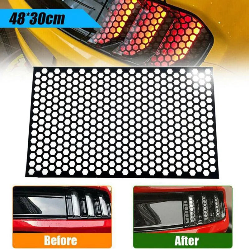 Black honeycomb pattern vinyl sticker sheet for car taillight decoration, measuring 48 by 30 centimetres.