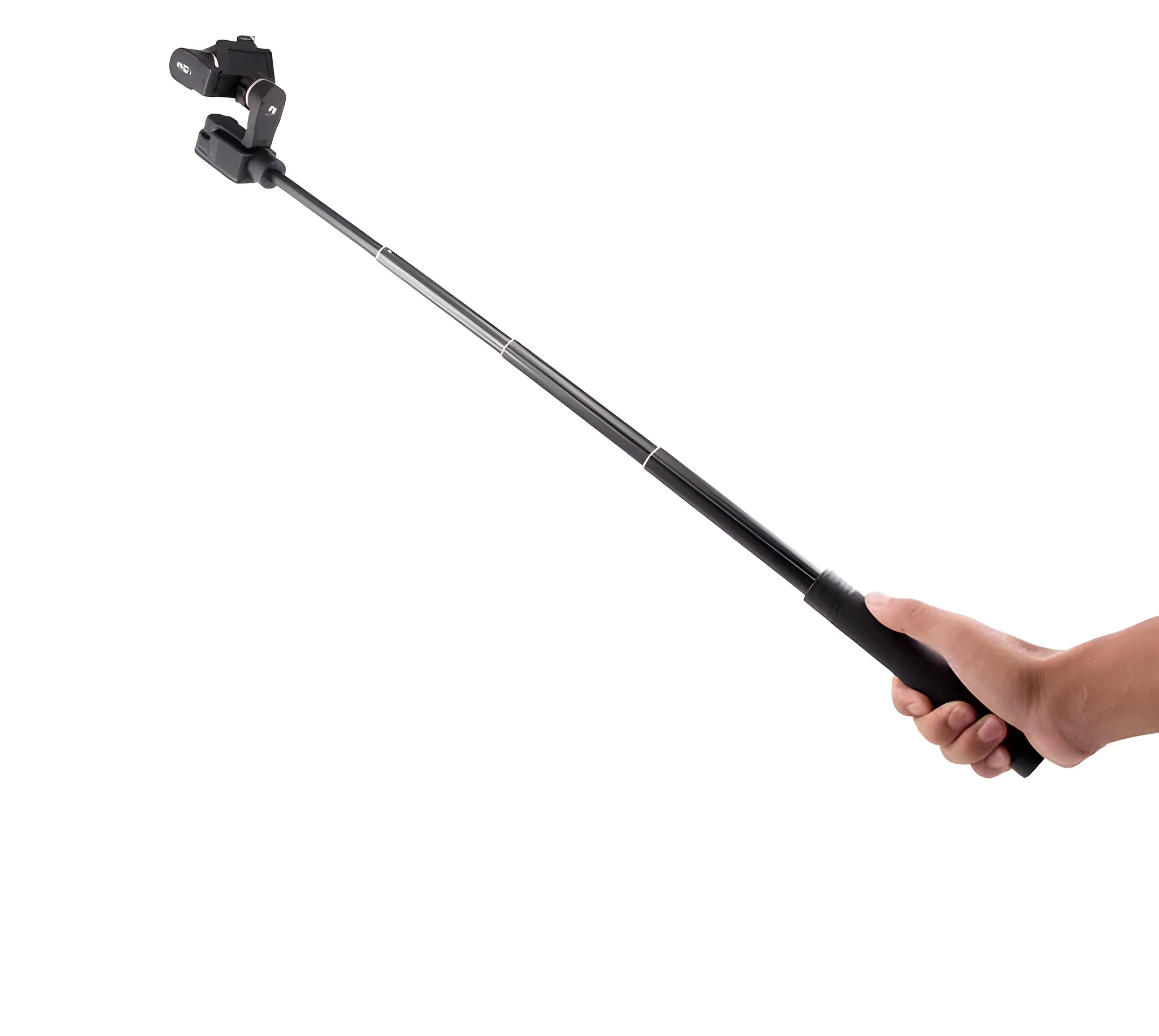 Retractable aluminium selfie stick extended to 1 metre with phone attached and Bluetooth remote in hand