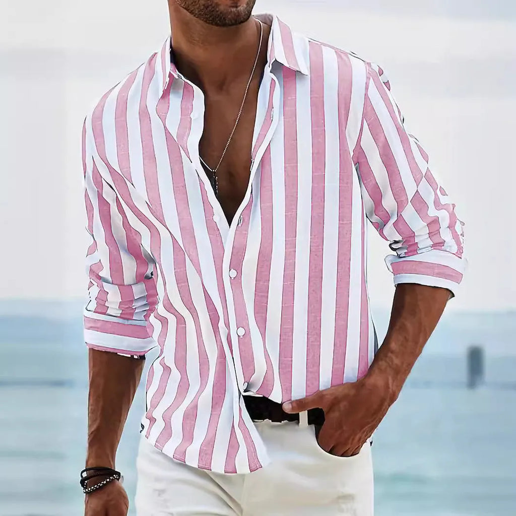 Man wearing a loose fit yarn-dyed striped long-sleeved casual shirt in British cardigan style.