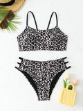 Two-piece leopard print bikini swimsuit with multi-rope detail, polyester, sizes S to XL, in blue and pink leopard colourways
