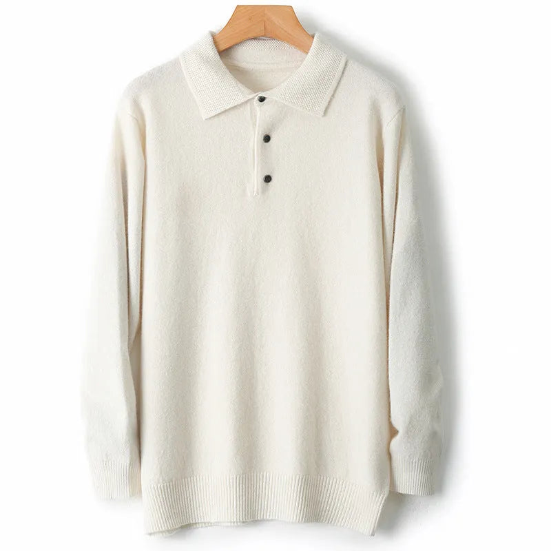 Men's grey polo collar pullover sweater on a hanger, showing long sleeves and knit texture.
