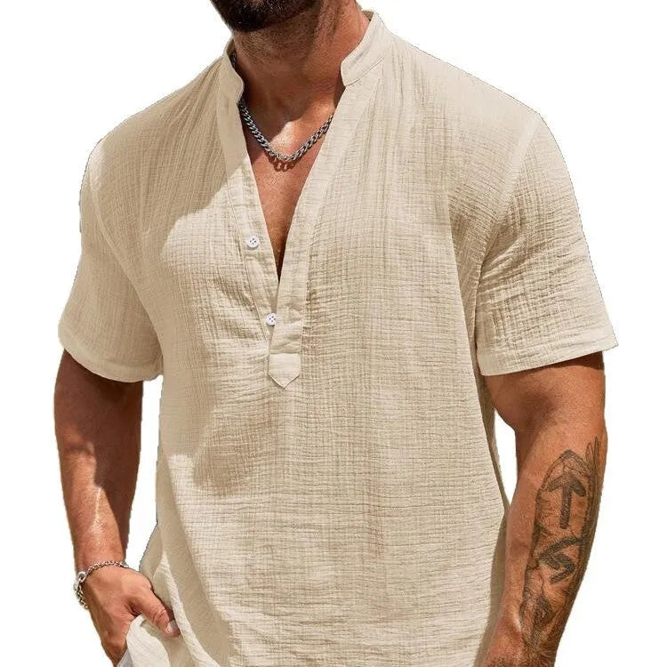 Men's solid colour short-sleeved stand collar shirt in chemical fibre blend fabric