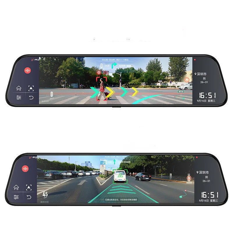 12-inch rearview mirror dash cam and tachograph with dual cameras mounted in a car.