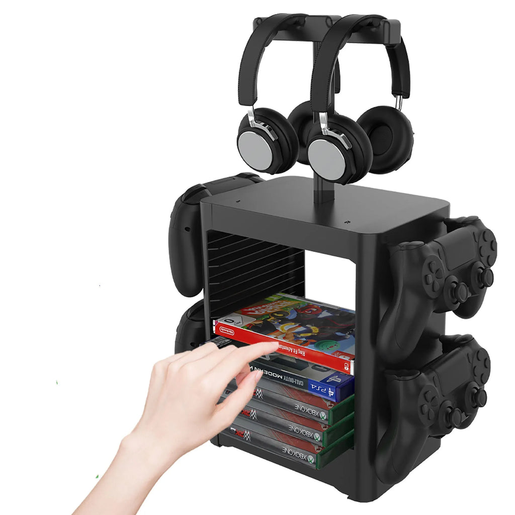 Black ABS plastic gaming console accessories storage rack with headphone stand, controller hooks, and drawer