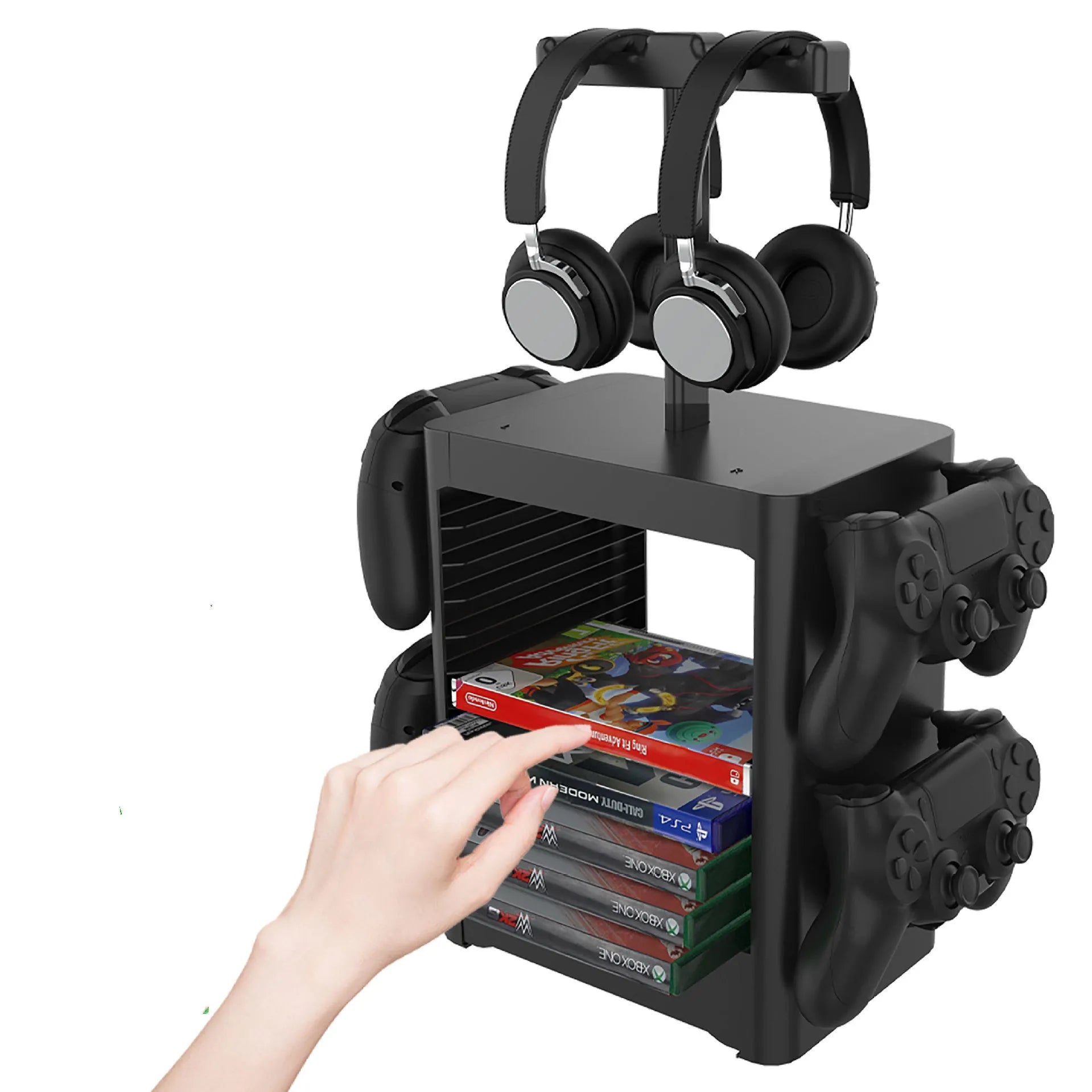 Black ABS plastic gaming console accessories storage rack with headphone stand, controller hooks, and drawer