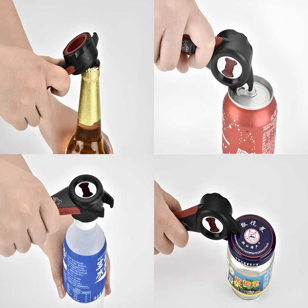 5-in-1 stainless steel can opener and beer bottle opener with black PP handle