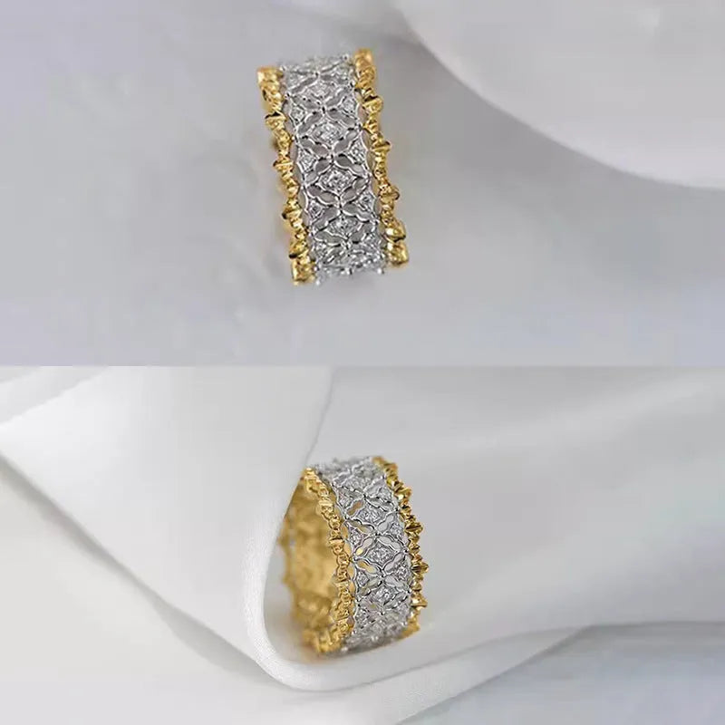 Geometric round two-tone gold zircon ring on a copper band, shown in UK ring sizes 6 to 10.