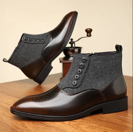 Men's brown retro formal leather shoes with square toe, side zip, and low square heel on a rubber sole.