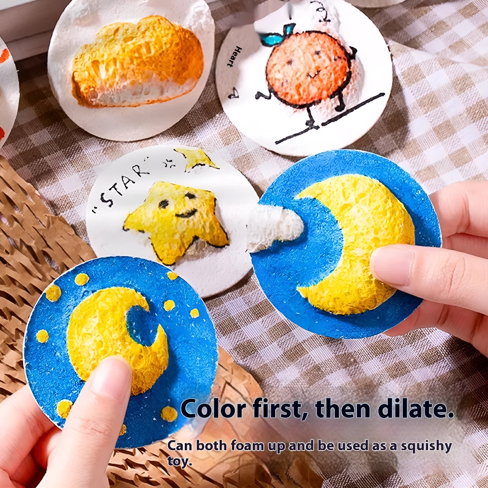 Cartoon painting sponge set with wood pulp paper, cellulose sponge backing, six fountain pens, and three shaped blanks