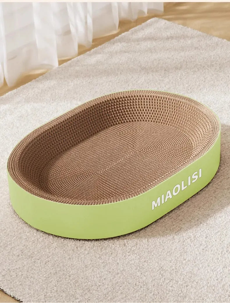 Green oval corrugated paper cat scratch board with 55cm diameter cat nest