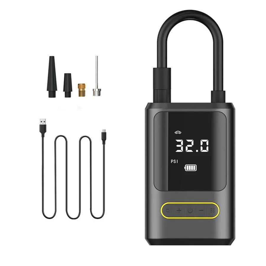 Handheld wireless air pump with digital display showing tyre pressure measurement
